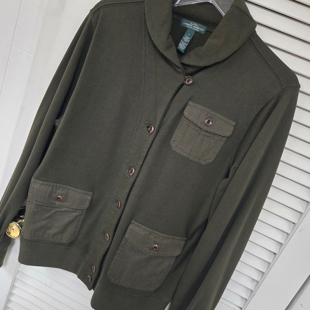 Womens Olive Green Button-Up Jacket Cardigan Cotton Sz L NEW